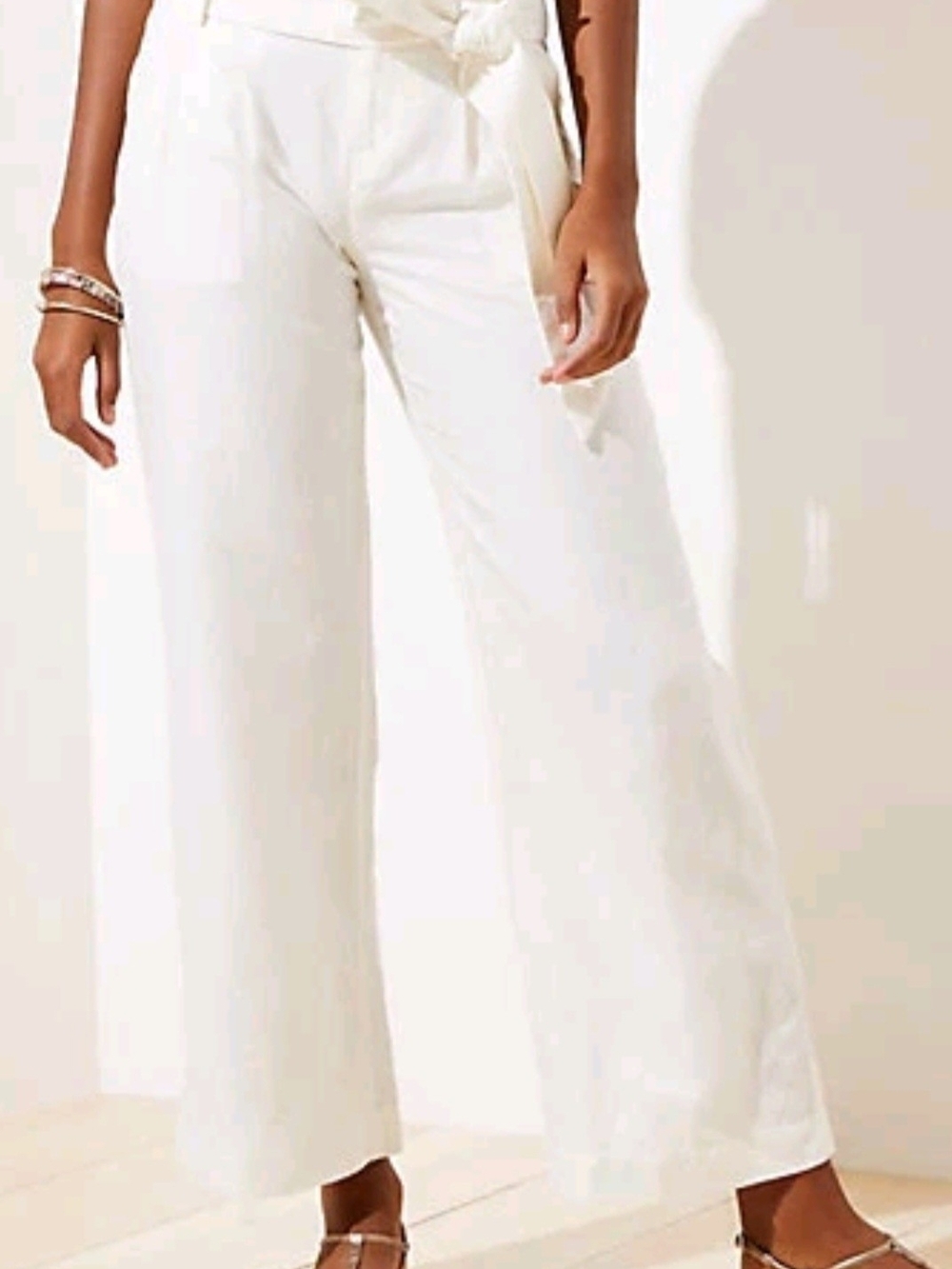 LOFT Wide-Leg White Linen-Blend Flowy Pants With Tie Belt